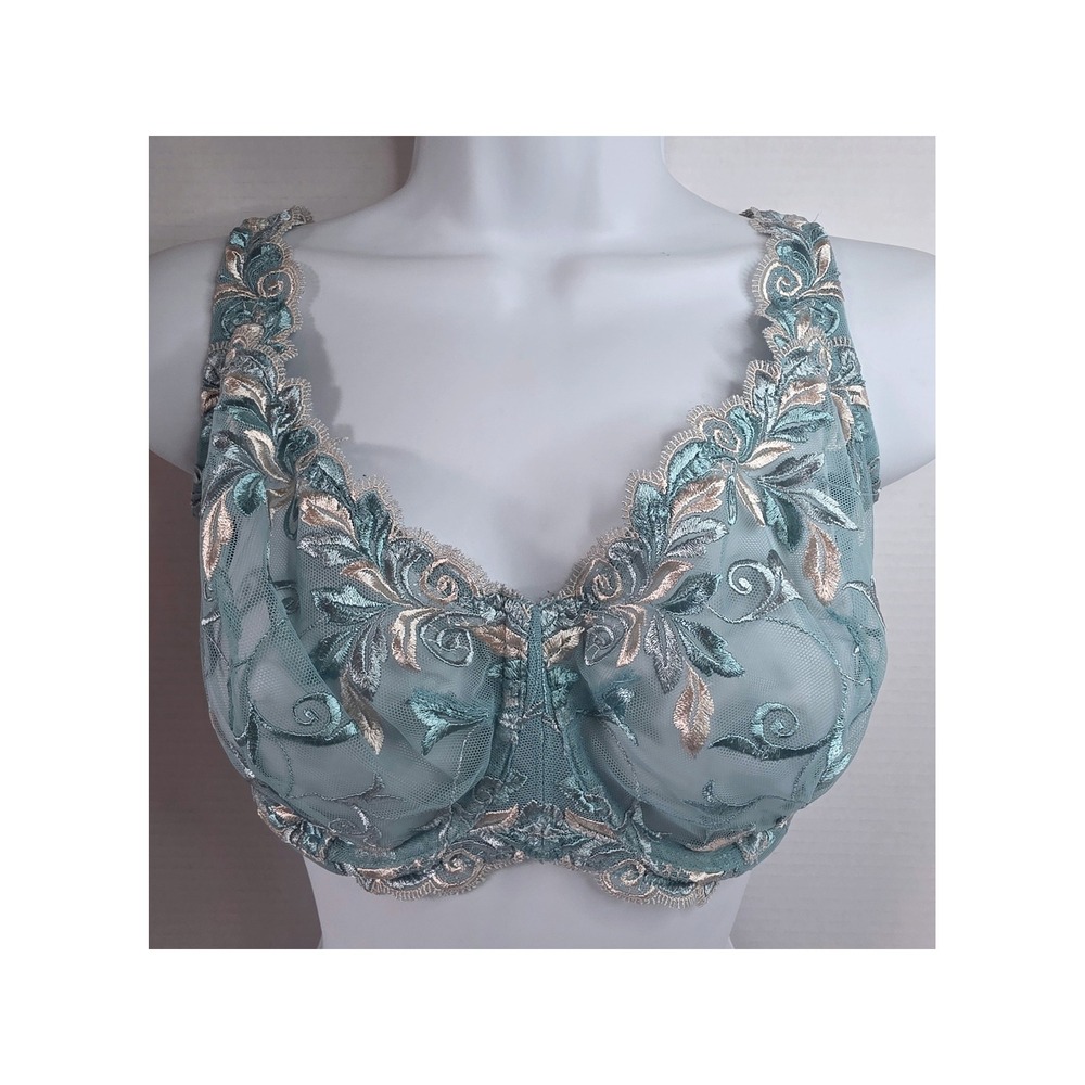 Soma Intimates Unlined Balconette Bra Sage Green Gold Floral Embroidery 34G